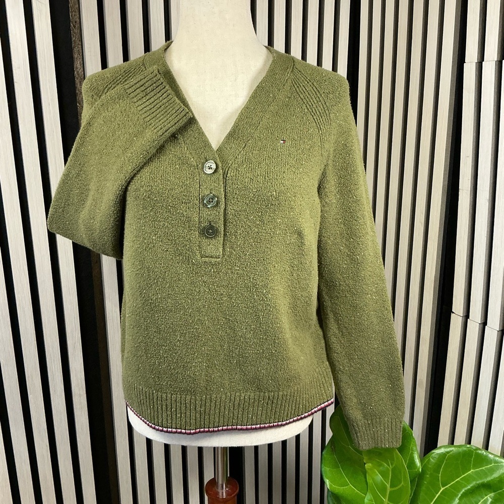 Tommy Hilfiger Olive V-Neck Sweater Sz Sm